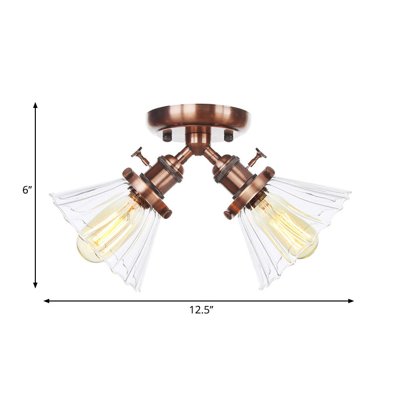 Cone Shade Bedroom Semi Mount Lighting Amber/Clear Glass 2 Heads Industrial Stylish Ceiling Flush Mount in Black/Bronze Clearhalo 'Ceiling Lights' 'Close To Ceiling Lights' 'Close to ceiling' 'Glass shade' 'Glass' 'Pendant Lights' 'Semi-flushmount' Lighting' 258814
