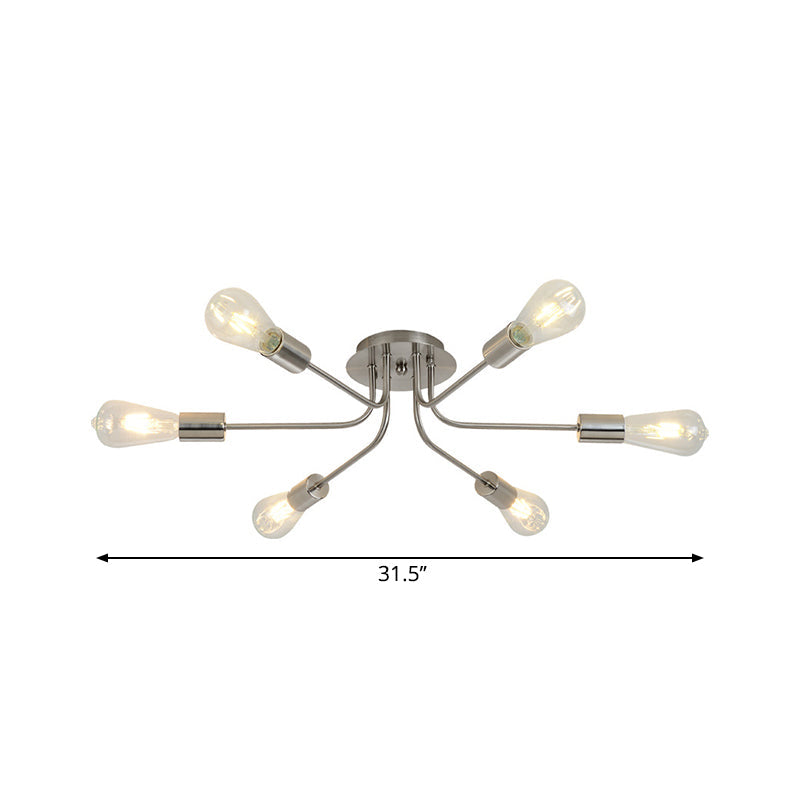 Industrial Style Branch Semi Mount Lighting Metallic 6 Lights Ceiling Flush Mount with Exposed Bulb in Brass/Nickel Clearhalo 'Ceiling Lights' 'Close To Ceiling Lights' 'Close to ceiling' 'Semi-flushmount' Lighting' 258819