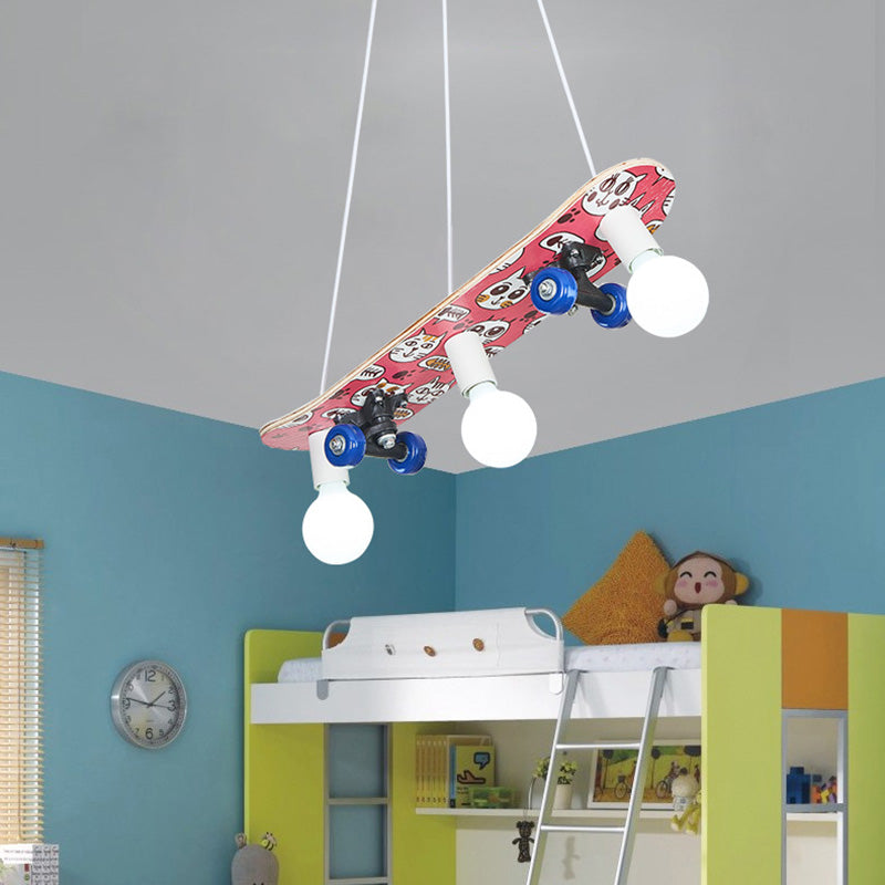 Skateboard Shaped Chandelier Lamp Wood Cartoon 3 Lights Chandelier Lighting Fixture in Red/Blue Red Clearhalo 'Ceiling Lights' 'Chandeliers' Lighting' options 258860_0951524d-df63-45fb-abb4-ec3a42e98ea1