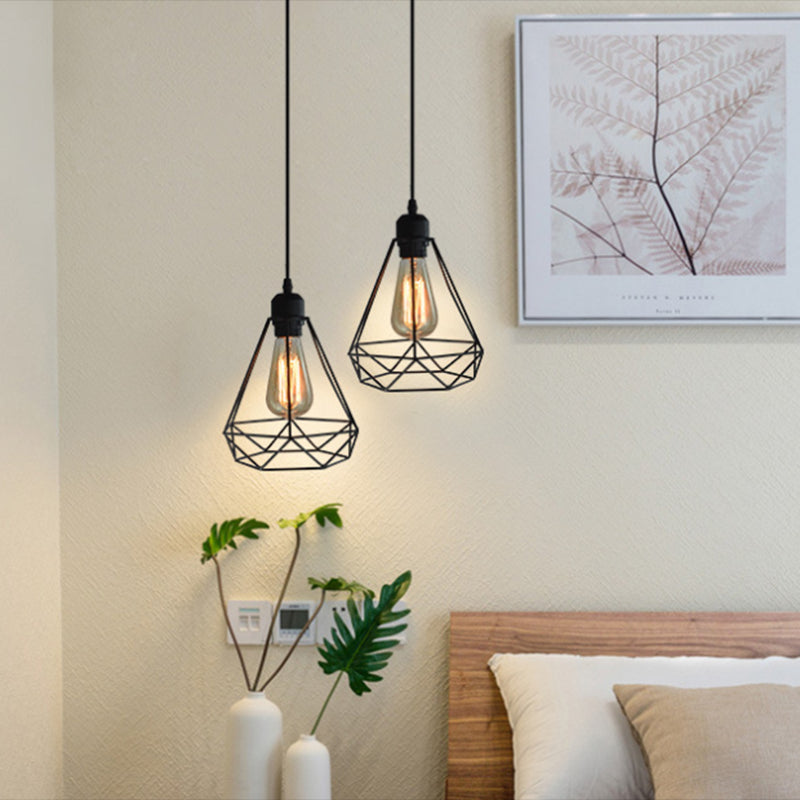 Diamond Iron Cluster Pendant Lighting Nordic Retro 1-Light Restaurant Hanging Lamp in Black Clearhalo 'Art Deco Pendants' 'Black' 'Cast Iron' 'Ceiling Lights' 'Ceramic' 'Crystal' 'Industrial Pendants' 'Industrial' 'Metal' 'Middle Century Pendants' 'Pendant Lights' 'Pendants' 'Rustic Pendants' 'Tiffany' Lighting' 2589126