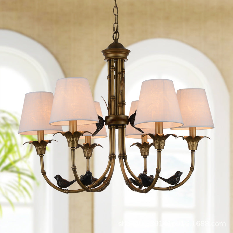 3/6/8 Lights Suspension Pendant Rustic Cone Fabric Hanging Chandelier in White for Living Room Clearhalo 'Ceiling Lights' 'Chandeliers' Lighting' options 259085