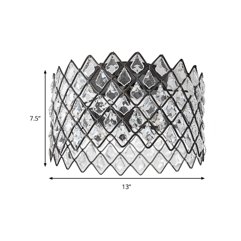Metal Drum Semi Flush Light with Crystal Decoration Contemporary 3/5 Lights 13"/19.5" W Indoor Ceiling Lighting in Black Clearhalo 'Ceiling Lights' 'Close To Ceiling Lights' 'Close to ceiling' 'Flush mount' 'Industrial Flush Mount' Lighting' 259189