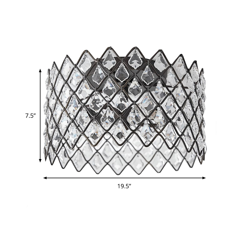 Metal Drum Semi Flush Light with Crystal Decoration Contemporary 3/5 Lights 13"/19.5" W Indoor Ceiling Lighting in Black Clearhalo 'Ceiling Lights' 'Close To Ceiling Lights' 'Close to ceiling' 'Flush mount' 'Industrial Flush Mount' Lighting' 259190