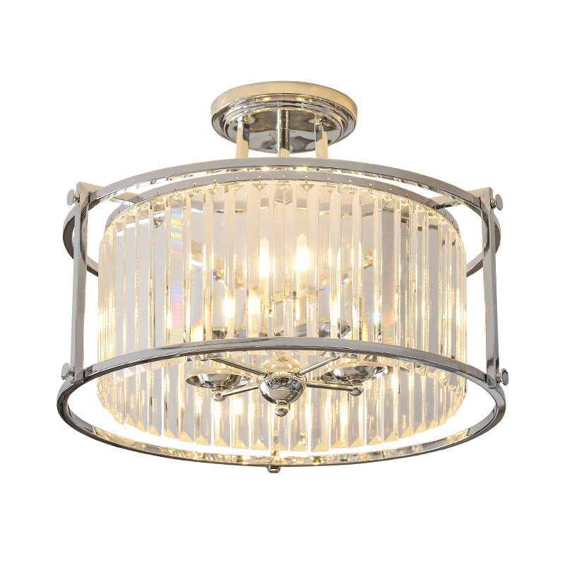 Metal Frame Drum Semi Flush Mount Vintage 4 Lights Ceiling Light with Crystal Prism in Chrome Finish Clearhalo 'Ceiling Lights' 'Close To Ceiling Lights' 'Close to ceiling' 'Semi-flushmount' Lighting' 259264