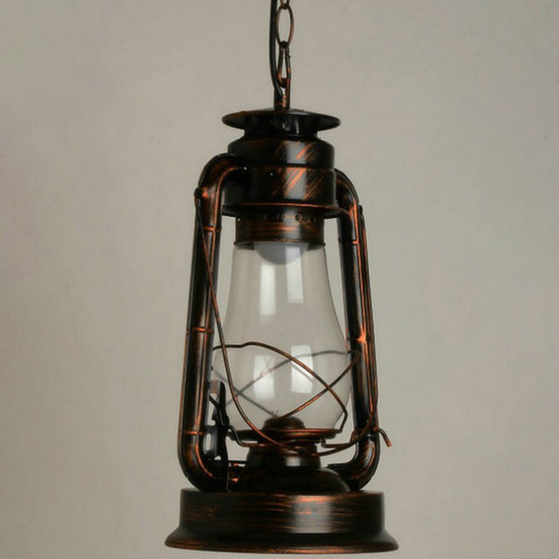 Metal Rust Finish Pendant Light Fixture Kerosene Lamp Shaped 1-Light Nautical Style Hanging Light Rust Lantern Clearhalo 'Art Deco Pendants' 'Cast Iron' 'Ceiling Lights' 'Ceramic' 'Crystal' 'Industrial Pendants' 'Industrial' 'Metal' 'Middle Century Pendants' 'Pendant Lights' 'Pendants' 'Tiffany' Lighting' 2592816