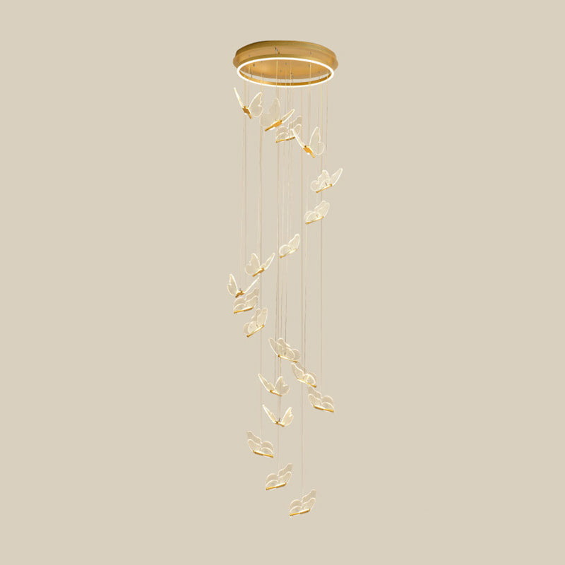 Butterfly Spiral Stairs Ceiling Lighting Acrylic Modern LED Multi-Light Pendant in Gold 19 Gold Clearhalo 'Ceiling Lights' 'Modern Pendants' 'Modern' 'Pendant Lights' 'Pendants' Lighting' 2592859
