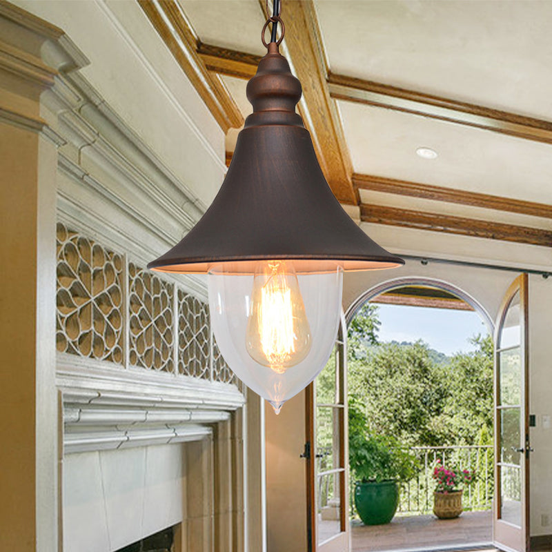 Black/Bronze/Gold Flared Hanging Light Country Style 1 Light Pendant Lighting with Clear Plastic Shade Clearhalo 'Art Deco Pendants' 'Black' 'Cast Iron' 'Ceiling Lights' 'Ceramic' 'Crystal' 'Industrial Pendants' 'Industrial' 'Metal' 'Middle Century Pendants' 'Pendant Lights' 'Pendants' 'Rustic Pendants' 'Tiffany' Lighting' 259310