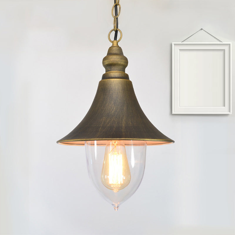 Black/Bronze/Gold Flared Hanging Light Country Style 1 Light Pendant Lighting with Clear Plastic Shade Clearhalo 'Art Deco Pendants' 'Black' 'Cast Iron' 'Ceiling Lights' 'Ceramic' 'Crystal' 'Industrial Pendants' 'Industrial' 'Metal' 'Middle Century Pendants' 'Pendant Lights' 'Pendants' 'Rustic Pendants' 'Tiffany' Lighting' 259314
