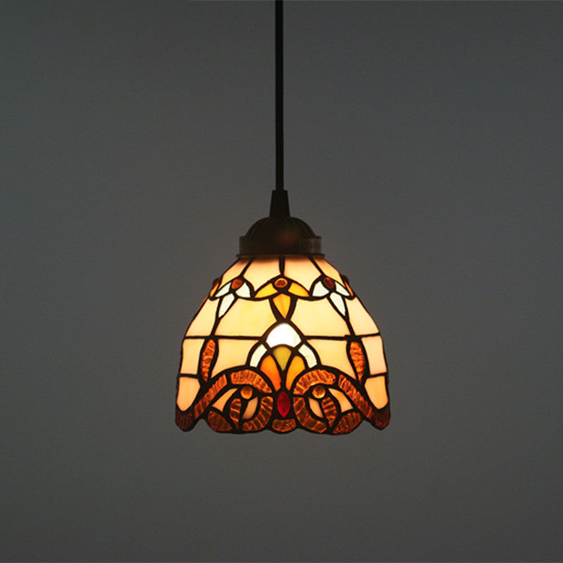 Baroque Domed Pendant Light Stained Glass Hanging Ceiling Light in Brown for Restaurant Brown 6" Cord Clearhalo 'Art Deco Pendants' 'Cast Iron' 'Ceiling Lights' 'Ceramic' 'Crystal' 'Industrial' 'Metal' 'Middle Century Pendants' 'Pendant Lights' 'Pendants' 'Tiffany close to ceiling' 'Tiffany Pendants' 'Tiffany' Lighting' 2593497