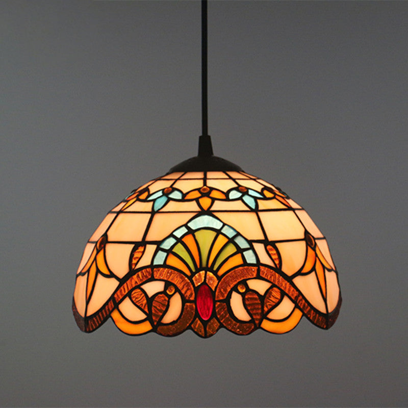Baroque Domed Pendant Light Stained Glass Hanging Ceiling Light in Brown for Restaurant Brown 10" Cord Clearhalo 'Art Deco Pendants' 'Cast Iron' 'Ceiling Lights' 'Ceramic' 'Crystal' 'Industrial' 'Metal' 'Middle Century Pendants' 'Pendant Lights' 'Pendants' 'Tiffany close to ceiling' 'Tiffany Pendants' 'Tiffany' Lighting' 2593500