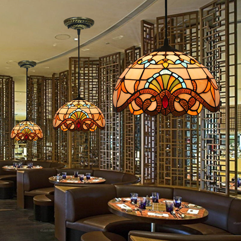 Baroque Domed Pendant Light Stained Glass Hanging Ceiling Light in Brown for Restaurant Clearhalo 'Art Deco Pendants' 'Cast Iron' 'Ceiling Lights' 'Ceramic' 'Crystal' 'Industrial' 'Metal' 'Middle Century Pendants' 'Pendant Lights' 'Pendants' 'Tiffany close to ceiling' 'Tiffany Pendants' 'Tiffany' Lighting' 2593503