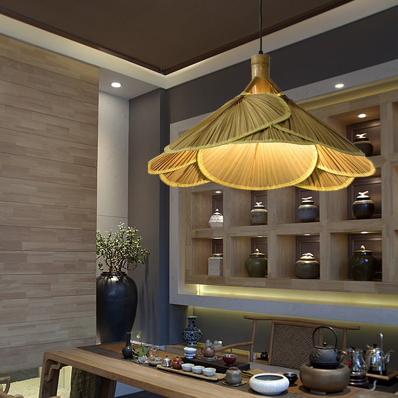 Cattail Fan Bamboo Pendant Light Chinese Style 1-Light Wood Suspension Lighting for Foyer Clearhalo 'Ceiling Lights' 'Pendant Lights' 'Pendants' Lighting' 2593663