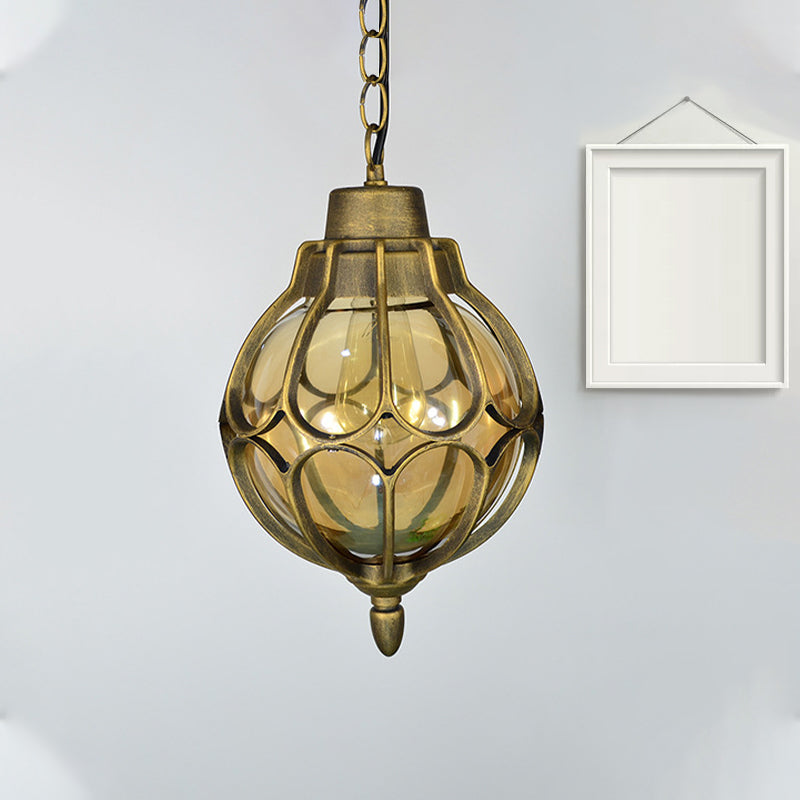 1 Light 7"/9"/11" Wide Orb Pendant Lamp Vintage Amber Glass Suspension Lamp in Black/Bronze/Gold Gold Clearhalo 'Ceiling Lights' 'Glass shade' 'Glass' 'Industrial Pendants' 'Industrial' 'Middle Century Pendants' 'Pendant Lights' 'Pendants' 'Tiffany' Lighting' 259374