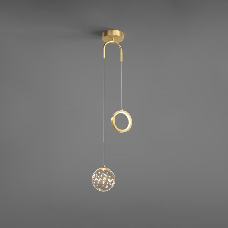 Glass Ball and Ring LED Pendant Minimalist 2-Light Gold Starry Suspension Light for Bedroom Gold Remote Control Stepless Dimming A Clearhalo 'Ceiling Lights' 'Glass shade' 'Glass' 'Modern Pendants' 'Modern' 'Pendant Lights' 'Pendants' Lighting' 2593744
