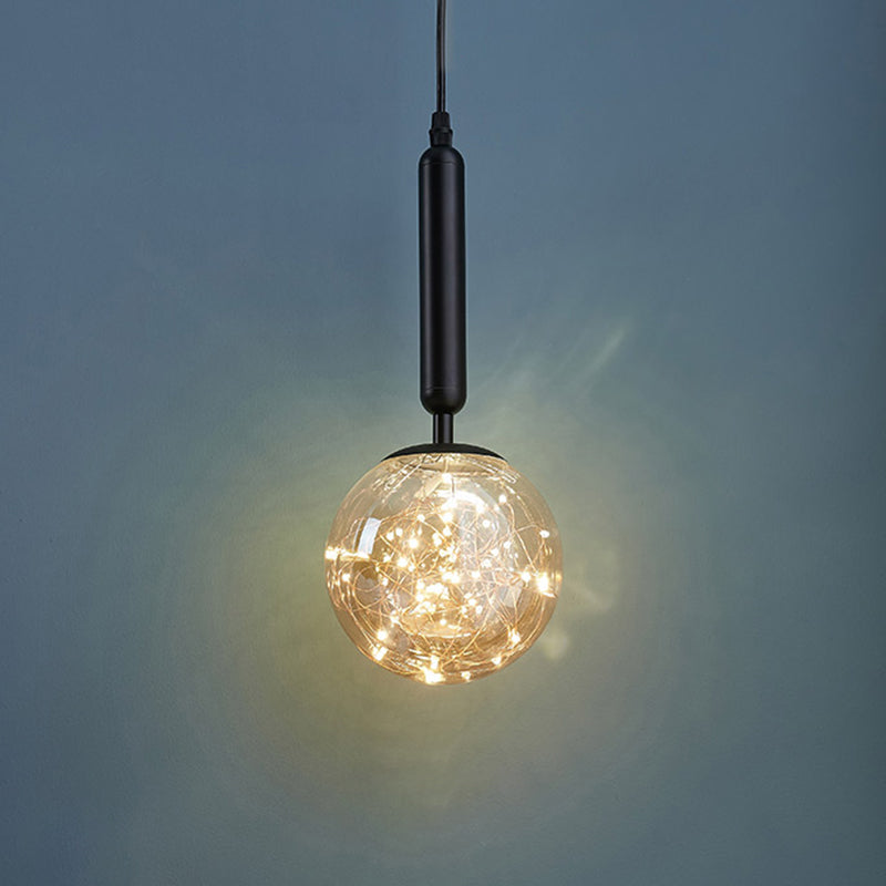 Amber Glass Ball Pendulum Light Nordic 1 Head LED Hanging Pendant with Starry String Black Natural Clearhalo 'Ceiling Lights' 'Modern Pendants' 'Modern' 'Pendant Lights' 'Pendants' Lighting' 2593759
