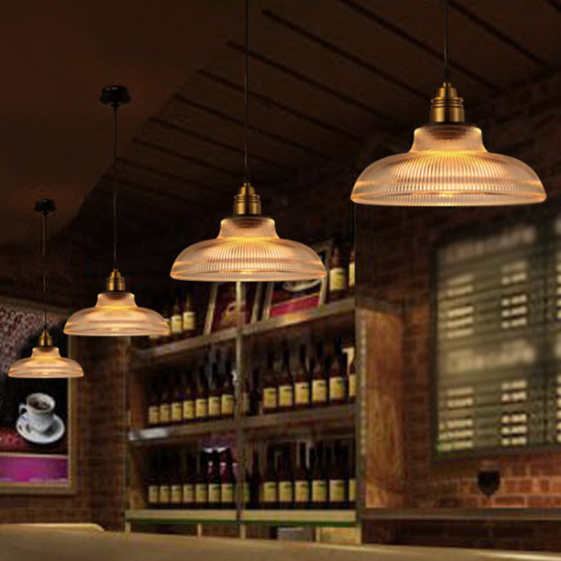 Bowl Shaped Cafe Pendant Lighting Retro Clear Striped Glass Single Brass Hanging Lamp Clearhalo 'Art Deco Pendants' 'Cast Iron' 'Ceiling Lights' 'Ceramic' 'Crystal' 'Industrial Pendants' 'Industrial' 'Metal' 'Middle Century Pendants' 'Pendant Lights' 'Pendants' 'Tiffany' Lighting' 2593864