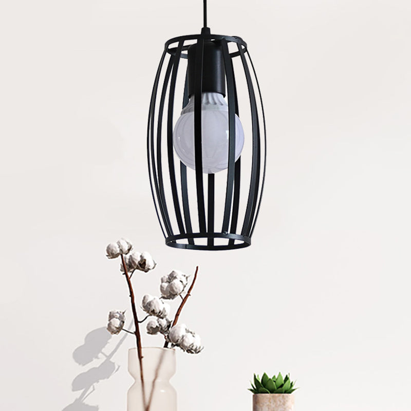 Black Barrel Shaped Hanging Lighting Industrial Bistro Cage Suspension Pendant Lamp Clearhalo 'Art Deco Pendants' 'Black' 'Cast Iron' 'Ceiling Lights' 'Ceramic' 'Crystal' 'Industrial Pendants' 'Industrial' 'Metal' 'Middle Century Pendants' 'Pendant Lights' 'Pendants' 'Rustic Pendants' 'Tiffany' Lighting' 2593889