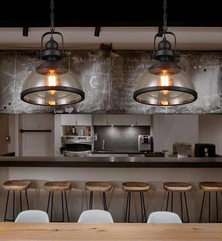 Industrial Style Pot Lid Pendant Lamp 1-Light Clear Glass Ceiling Fixture with Handle in Black Clearhalo 'Art Deco Pendants' 'Black' 'Cast Iron' 'Ceiling Lights' 'Ceramic' 'Crystal' 'Industrial Pendants' 'Industrial' 'Metal' 'Middle Century Pendants' 'Pendant Lights' 'Pendants' 'Rustic Pendants' 'Tiffany' Lighting' 2593908