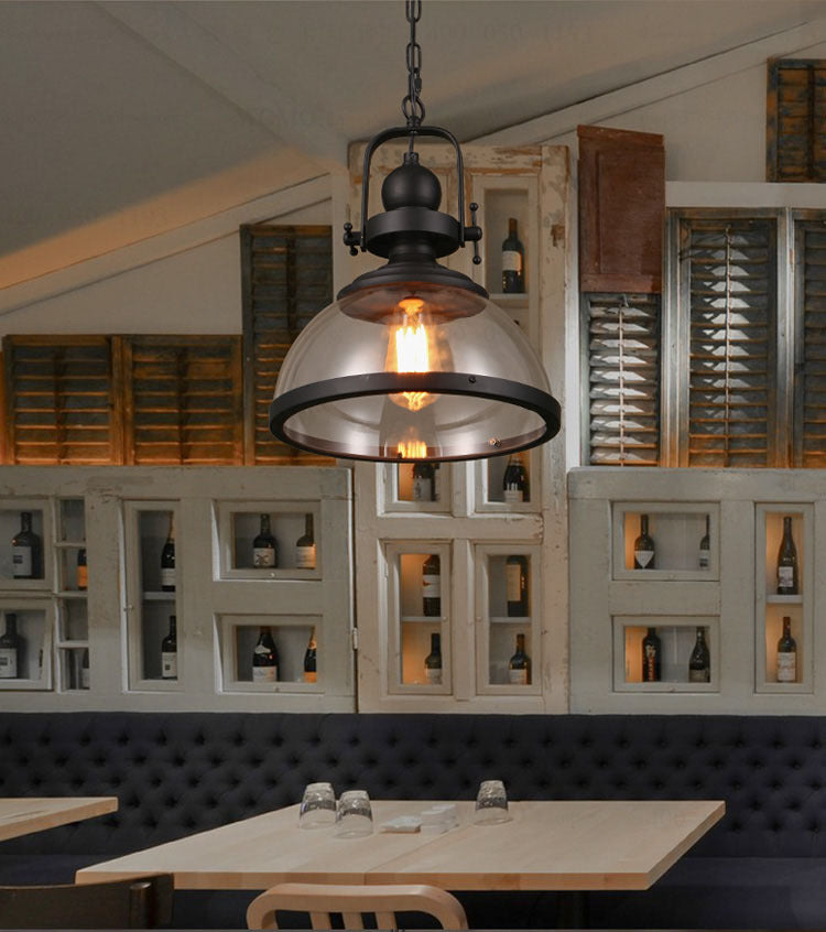 Industrial Style Pot Lid Pendant Lamp 1-Light Clear Glass Ceiling Fixture with Handle in Black Clearhalo 'Art Deco Pendants' 'Black' 'Cast Iron' 'Ceiling Lights' 'Ceramic' 'Crystal' 'Industrial Pendants' 'Industrial' 'Metal' 'Middle Century Pendants' 'Pendant Lights' 'Pendants' 'Rustic Pendants' 'Tiffany' Lighting' 2593910