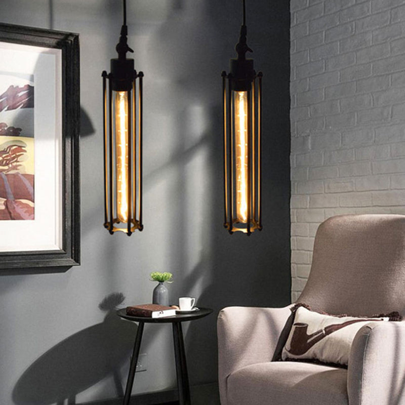 1-Bulb Cylindrical Ceiling Fixture Industrial Black Iron Cage Pendant Light for Bar Clearhalo 'Art Deco Pendants' 'Black' 'Cast Iron' 'Ceiling Lights' 'Ceramic' 'Crystal' 'Industrial Pendants' 'Industrial' 'Metal' 'Middle Century Pendants' 'Pendant Lights' 'Pendants' 'Rustic Pendants' 'Tiffany' Lighting' 2593928