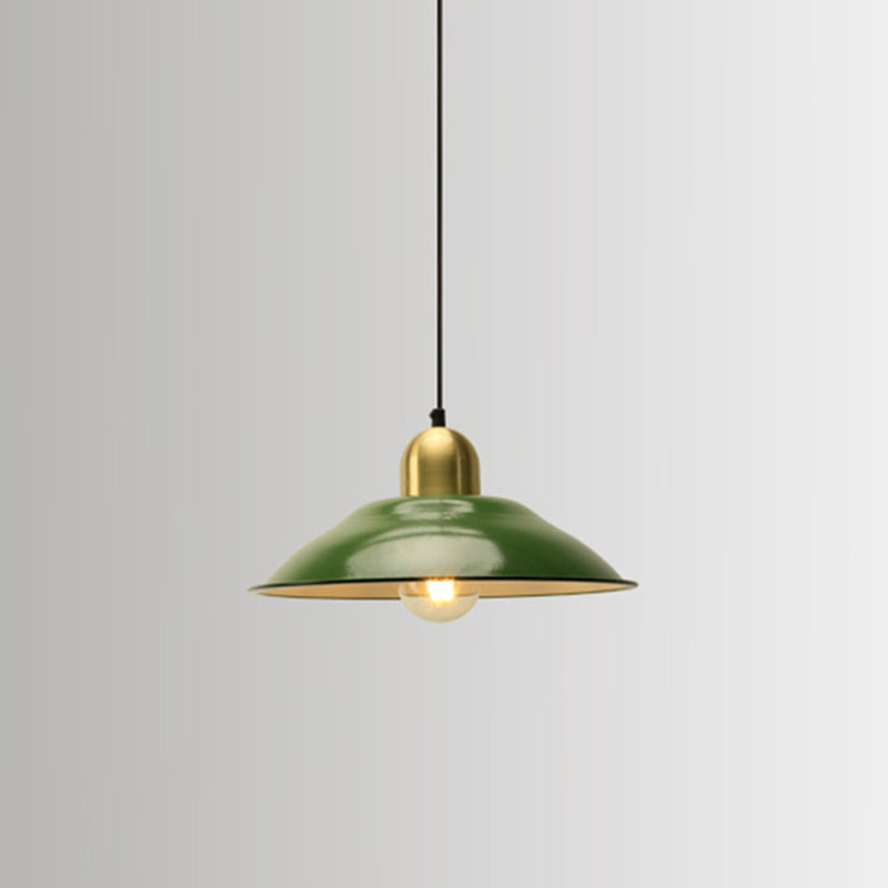 Enamel Green Shaded Suspension Lamp Retro Metal 1-Light Cafe Hanging Light Fixture Green Saucer Clearhalo 'Art Deco Pendants' 'Cast Iron' 'Ceiling Lights' 'Ceramic' 'Crystal' 'Industrial Pendants' 'Industrial' 'Metal' 'Middle Century Pendants' 'Pendant Lights' 'Pendants' 'Tiffany' Lighting' 2593938