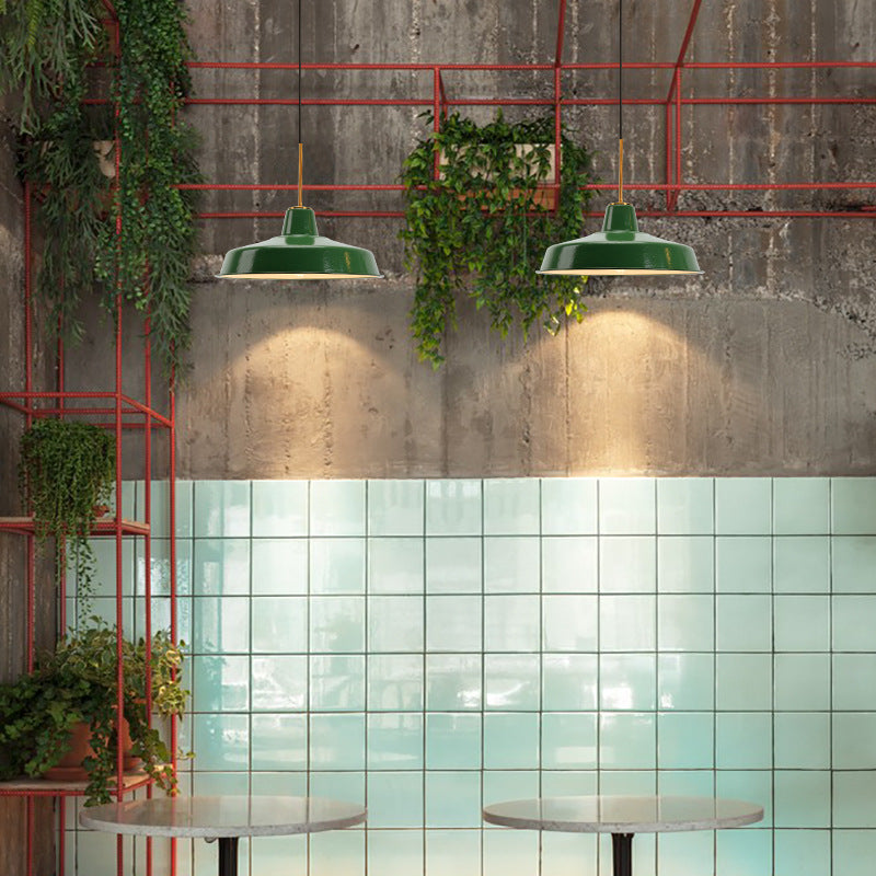 Enamel Green Shaded Suspension Lamp Retro Metal 1-Light Cafe Hanging Light Fixture Clearhalo 'Art Deco Pendants' 'Cast Iron' 'Ceiling Lights' 'Ceramic' 'Crystal' 'Industrial Pendants' 'Industrial' 'Metal' 'Middle Century Pendants' 'Pendant Lights' 'Pendants' 'Tiffany' Lighting' 2593939