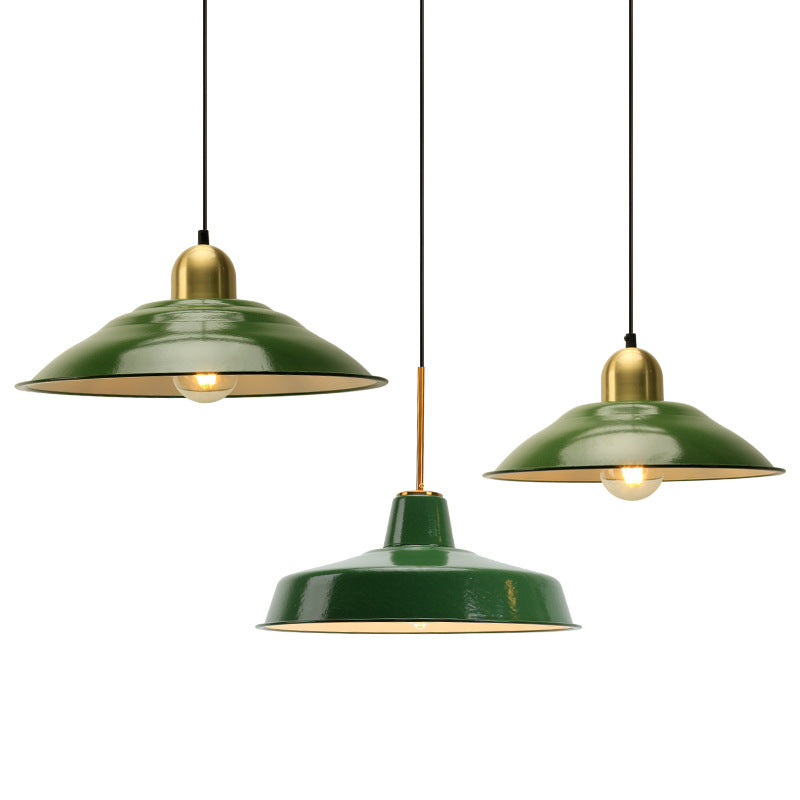 Enamel Green Shaded Suspension Lamp Retro Metal 1-Light Cafe Hanging Light Fixture Clearhalo 'Art Deco Pendants' 'Cast Iron' 'Ceiling Lights' 'Ceramic' 'Crystal' 'Industrial Pendants' 'Industrial' 'Metal' 'Middle Century Pendants' 'Pendant Lights' 'Pendants' 'Tiffany' Lighting' 2593941