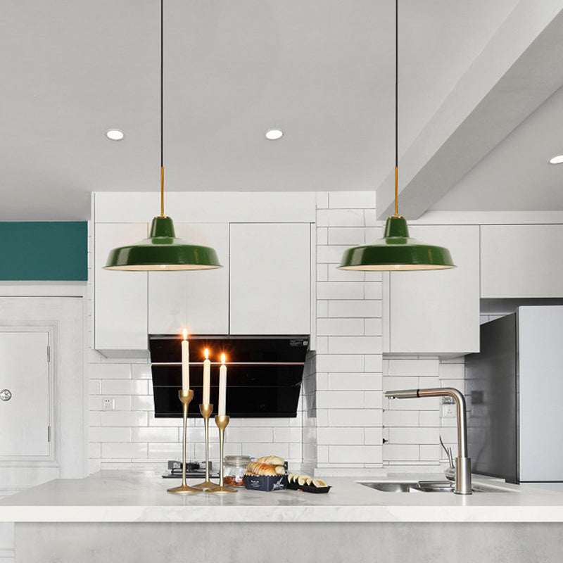 Enamel Green Shaded Suspension Lamp Retro Metal 1-Light Cafe Hanging Light Fixture Clearhalo 'Art Deco Pendants' 'Cast Iron' 'Ceiling Lights' 'Ceramic' 'Crystal' 'Industrial Pendants' 'Industrial' 'Metal' 'Middle Century Pendants' 'Pendant Lights' 'Pendants' 'Tiffany' Lighting' 2593948