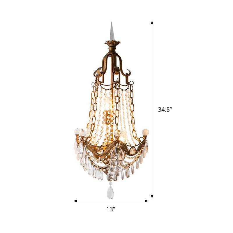 Beaded Sconce Light Fixture with Clear Crystal Decoration Vintage 3 Lights Wall Lighting Fixture in Antique Brass Clearhalo 'Wall Lamps & Sconces' 'Wall Lights' Lighting' 259427