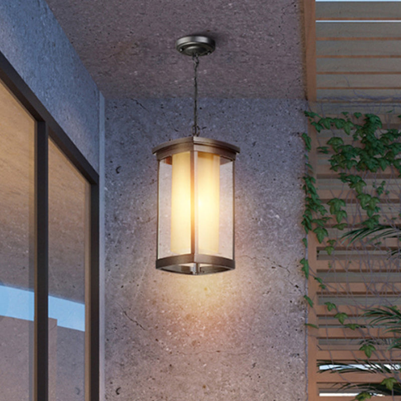 Industrial Rectangle Hanging Light Double Glass Shade 1 Light Outdoor Pendant Light in Black for Courtyard, 5"/7"/8" W Black Clearhalo 'Ceiling Lights' 'Chandeliers' 'Glass shade' 'Glass' 'Industrial Pendants' 'Industrial' 'Middle Century Pendants' 'Pendant Lights' 'Pendants' 'Tiffany' Lighting' 259441