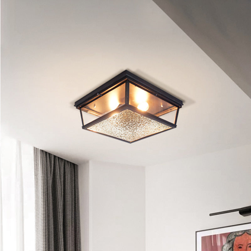 Industrial Squared Ceiling Lamp with Metal Frame Black 2 Lights Corridor Flush Mount Light Black Clearhalo 'Ceiling Lights' 'Close To Ceiling Lights' 'Close to ceiling' 'Flush mount' 'Industrial Flush Mount' Lighting' 259470