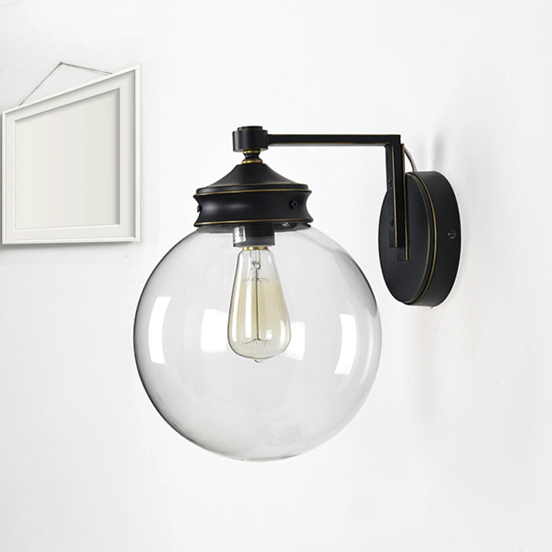 Industrial Global Sconce Light Glass and Metal 1 Bulb Wall Light Fixture in Matte Black Finish Clearhalo 'Cast Iron' 'Glass' 'Industrial wall lights' 'Industrial' 'Middle century wall lights' 'Modern' 'Tiffany' 'Traditional wall lights' 'Wall Lamps & Sconces' 'Wall Lights' Lighting' 259592
