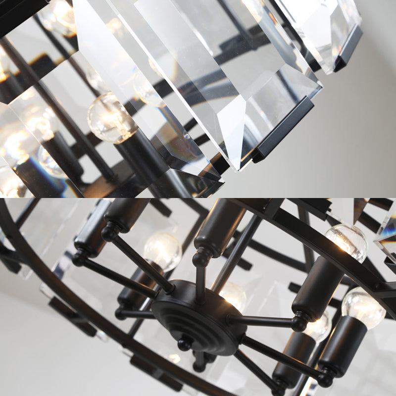 18"/25.5" Diameter Metal Drum Shade Ceiling Chandelier with Crystal Block Vintage 5/8 Heads Hanging Lamp in Black Clearhalo 'Ceiling Lights' 'Chandeliers' 'Industrial Chandeliers' 'Industrial' 'Middle Century Chandeliers' 'Tiffany' Lighting' 259696