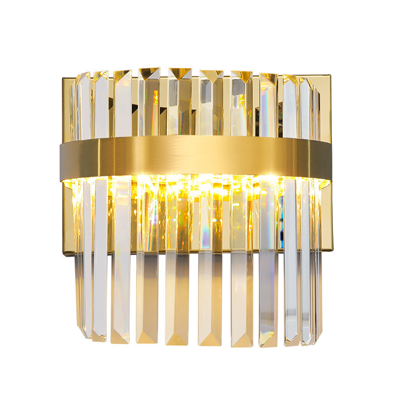Demilune Cylinder Wall Light Sconce Contemporary Crystal Prism 2 Heads Wall Mounted Lighting in Gold Clearhalo 'Modern wall lights' 'Modern' 'Wall Lamps & Sconces' 'Wall Lights' Lighting' 259776