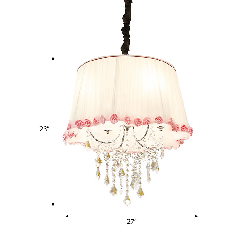 4 Lights Tapered Chandelier Lamp Modern Fabric Pendant Light with Clear Crystal Bead in White and Pink for Bedroom Clearhalo 'Ceiling Lights' 'Chandeliers' 'Modern Chandeliers' 'Modern' Lighting' 259846
