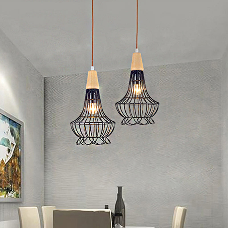 Pear/Diamond/Gourd Cage Pendant Lamp Fixture Metallic Vintage 1 Head Ceiling Hanging Light in Black Clearhalo 'Art Deco Pendants' 'Black' 'Cast Iron' 'Ceiling Lights' 'Ceramic' 'Crystal' 'Industrial Pendants' 'Industrial' 'Metal' 'Middle Century Pendants' 'Pendant Lights' 'Pendants' 'Rustic Pendants' 'Tiffany' Lighting' 259848
