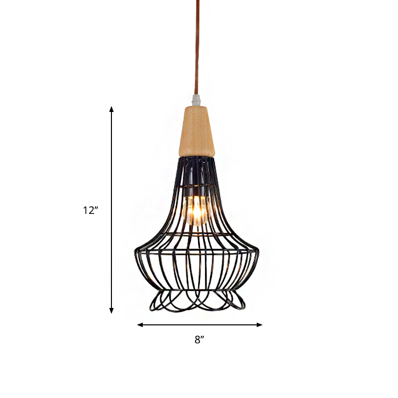 Pear/Diamond/Gourd Cage Pendant Lamp Fixture Metallic Vintage 1 Head Ceiling Hanging Light in Black Clearhalo 'Art Deco Pendants' 'Black' 'Cast Iron' 'Ceiling Lights' 'Ceramic' 'Crystal' 'Industrial Pendants' 'Industrial' 'Metal' 'Middle Century Pendants' 'Pendant Lights' 'Pendants' 'Rustic Pendants' 'Tiffany' Lighting' 259850