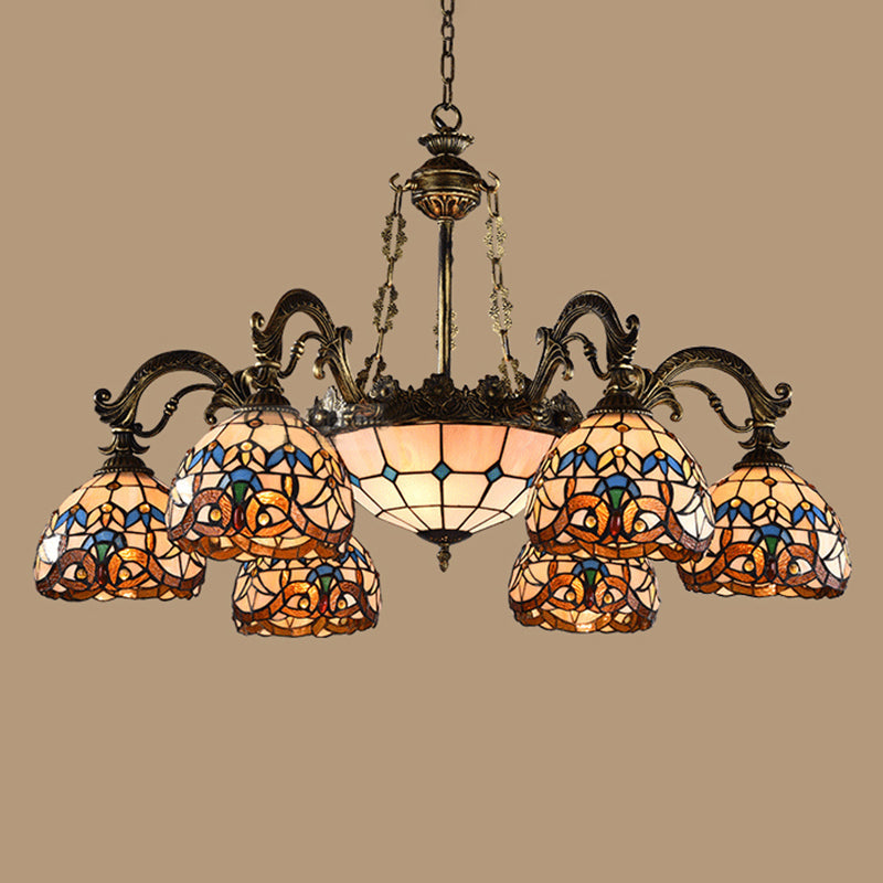 Retro Mediterranean Style Tiffany Hanging Lamp Baroque Stained Glass Shade Chandelier in Aged Aluminum Treatment Clearhalo 'Ceiling Lights' 'Chandeliers' 'Close To Ceiling Lights' 'Industrial' 'Middle Century Chandeliers' 'Tiffany Chandeliers' 'Tiffany close to ceiling' 'Tiffany' Lighting' 2600243