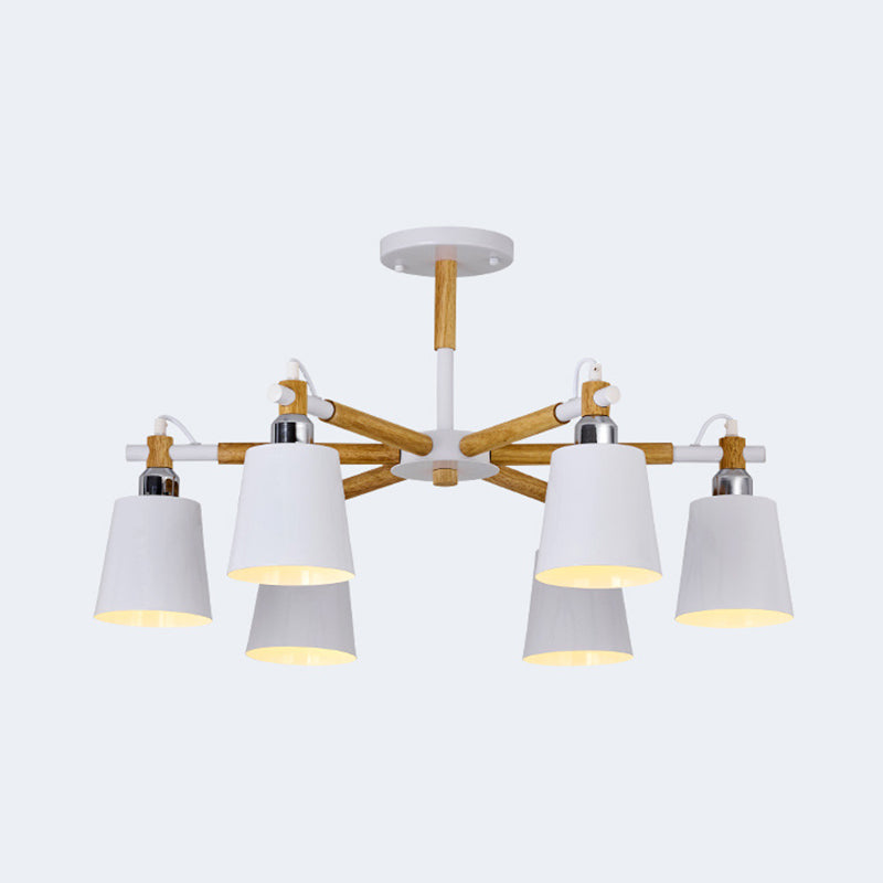 Multi-colored Optional Solid Wood Chandelier Simplicity Modern Living Room Lighting Fixture Lamp with Downward Metal Shade 6 White Clearhalo 'Ceiling Lights' 'Chandeliers' 'Modern Chandeliers' 'Modern' Lighting' 2600352