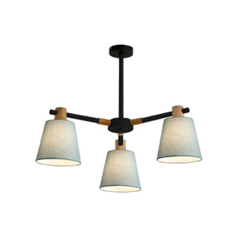 Cone Fabric Lampshade Chandelier Light Wooden Modern Simplicity Hanging Light for Dining Room Bedroom 3 Black Clearhalo 'Ceiling Lights' 'Chandeliers' Lighting' 2600355