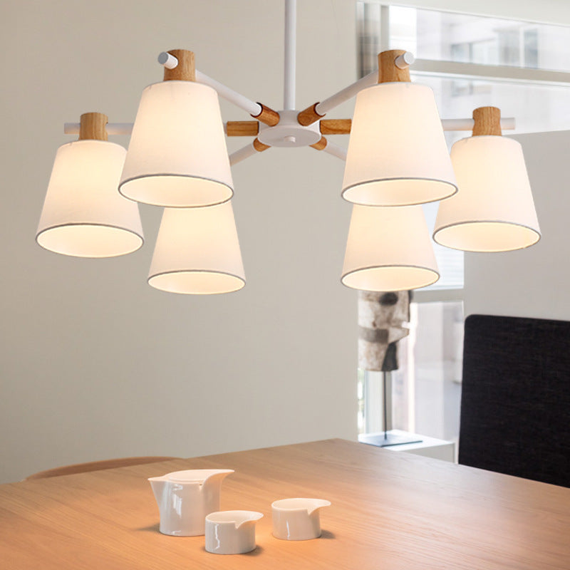 Cone Fabric Lampshade Chandelier Light Wooden Modern Simplicity Hanging Light for Dining Room Bedroom Clearhalo 'Ceiling Lights' 'Chandeliers' Lighting' 2600359