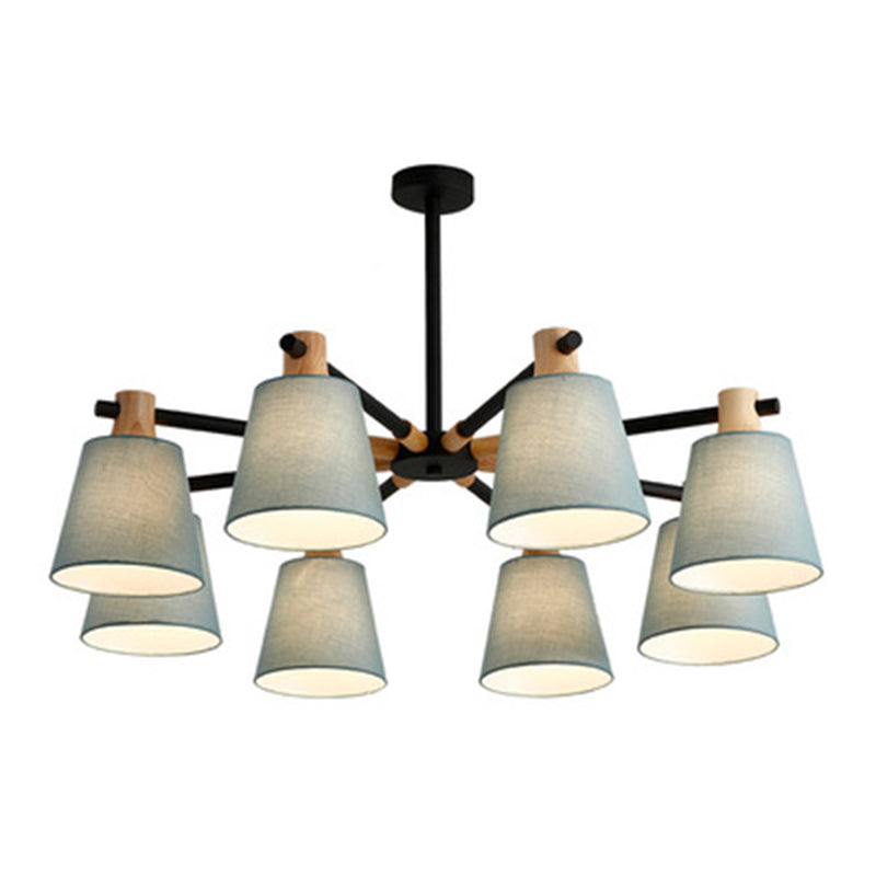 Cone Fabric Lampshade Chandelier Light Wooden Modern Simplicity Hanging Light for Dining Room Bedroom 8 Black Clearhalo 'Ceiling Lights' 'Chandeliers' Lighting' 2600369