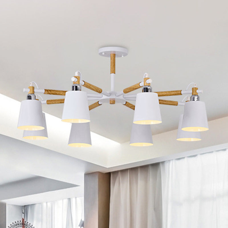 Dining Room Pendant Lamp Modern Wooden Minimalism Hanging Light with Downward Metal Cloche Shade 8 White Clearhalo 'Ceiling Lights' 'Chandeliers' 'Modern Chandeliers' 'Modern' Lighting' 2600379