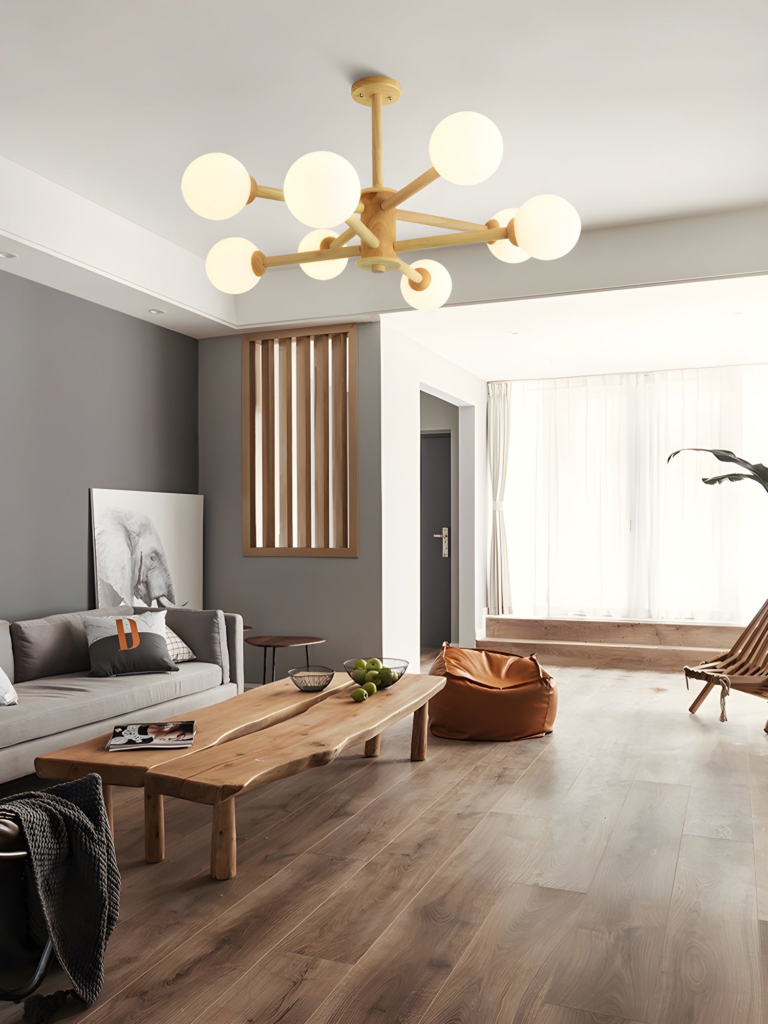 Beige Solid Wood Hanging Light Simplicity Modern Style White Frosted Glass Shade Chandelier Lamp for Living Room Bedroom Clearhalo 'Ceiling Lights' 'Chandeliers' Lighting' 2600418