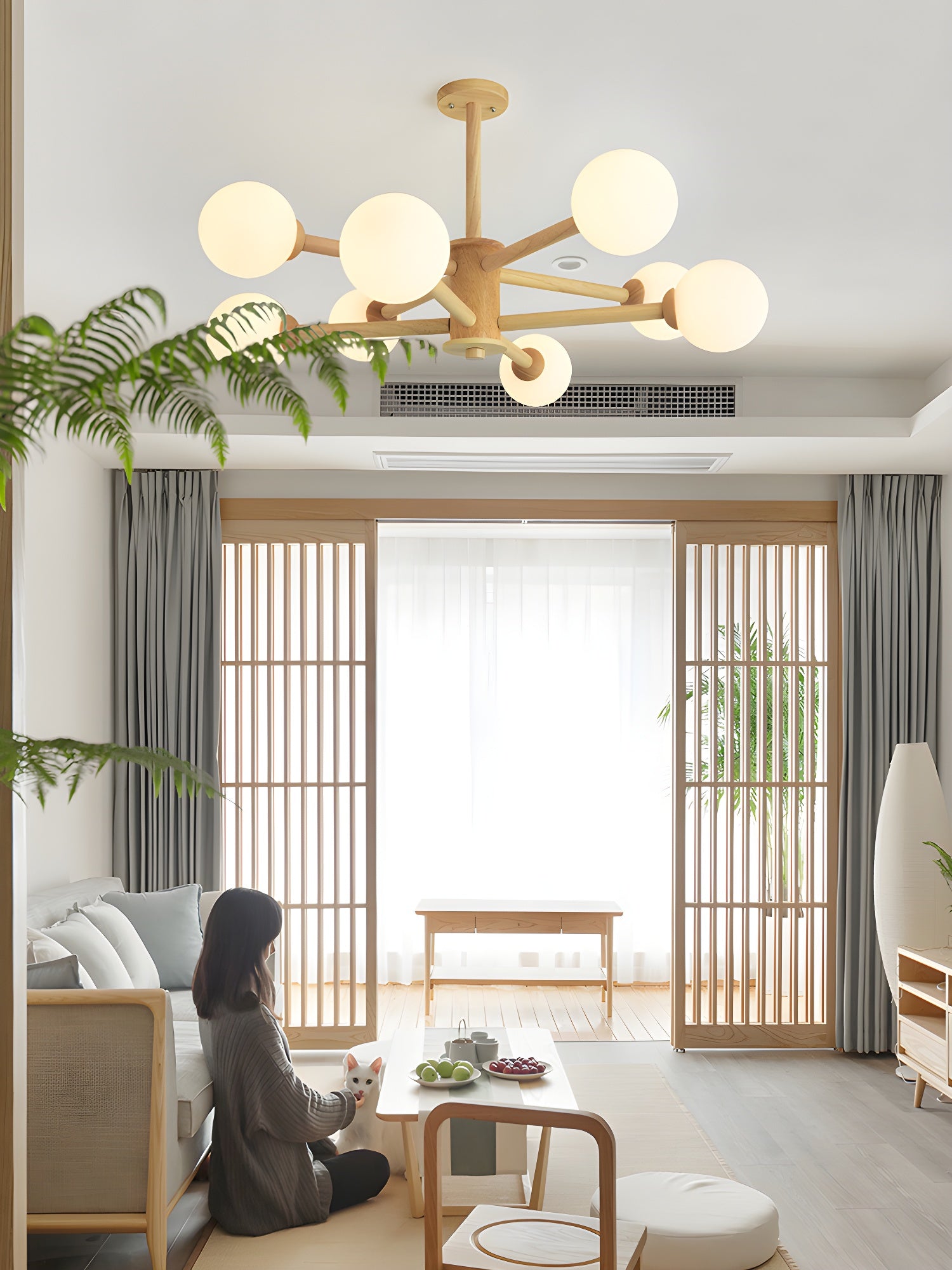 Beige Solid Wood Hanging Light Simplicity Modern Style White Frosted Glass Shade Chandelier Lamp for Living Room Bedroom Clearhalo 'Ceiling Lights' 'Chandeliers' Lighting' 2600419