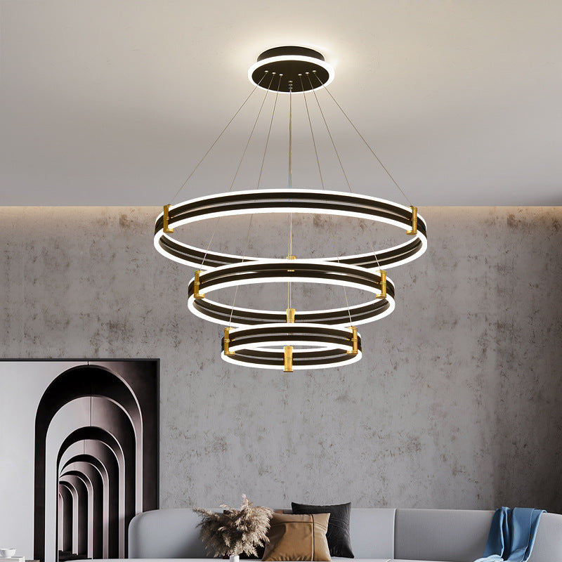 Modern Ring LED Chandelier 3-color Light Adjustable Aluminum Multi Tier Pendant Light in Black Black 16"+23.5"+31.5" Clearhalo 'Ceiling Lights' 'Chandeliers' 'Modern Chandeliers' 'Modern' Lighting' 2600454