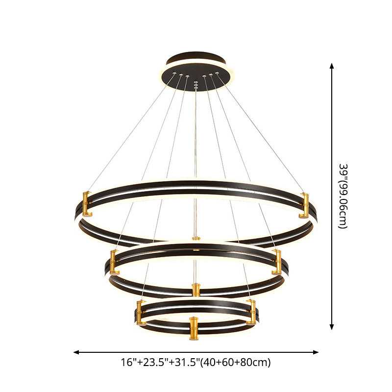 Modern Ring LED Chandelier 3-color Light Adjustable Aluminum Multi Tier Pendant Light in Black Clearhalo 'Ceiling Lights' 'Chandeliers' 'Modern Chandeliers' 'Modern' Lighting' 2600461