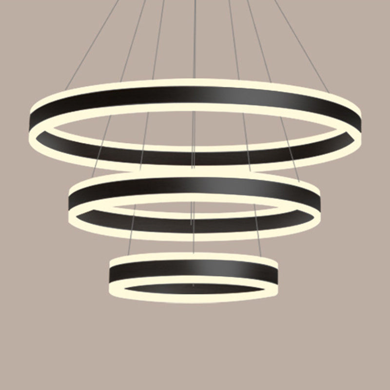 23.6"+31.5"+39.3" Diameter 3-Tiered LED Chandelier Aluminum Ring-shaped Pendant Lighting Fixtures for Office Meeting Room Black Clearhalo 'Ceiling Lights' 'Chandeliers' 'Modern Chandeliers' 'Modern' Lighting' 2600484