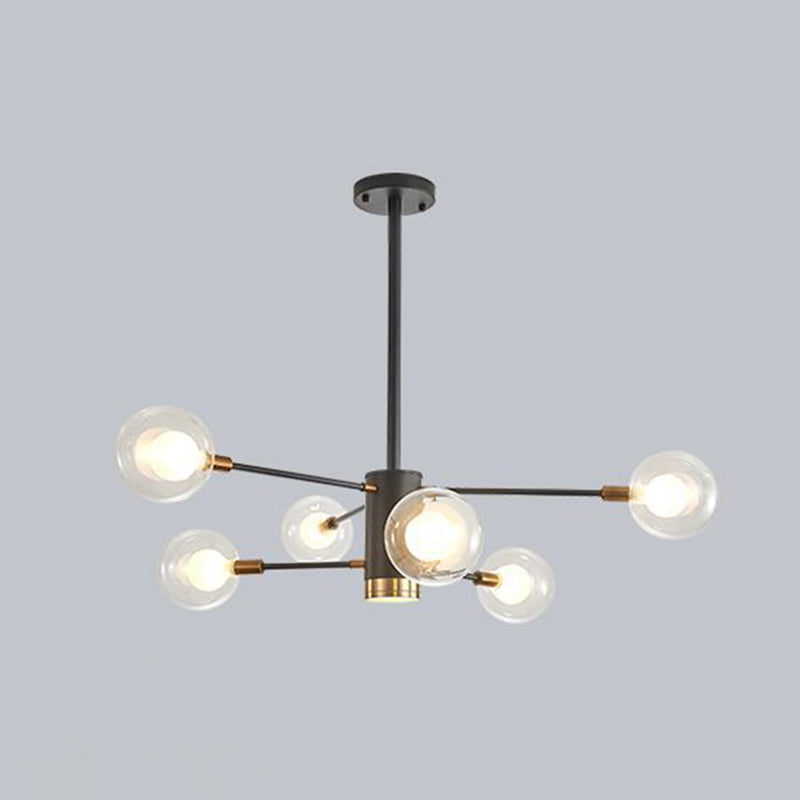 Modern Style Simplicity Glass Chandelier Clear Ball Shade Living Room Pendant Light with Polished Metal Lamp Post 6 Black Clearhalo 'Ceiling Lights' 'Chandeliers' 'Modern Chandeliers' 'Modern' Lighting' 2600497