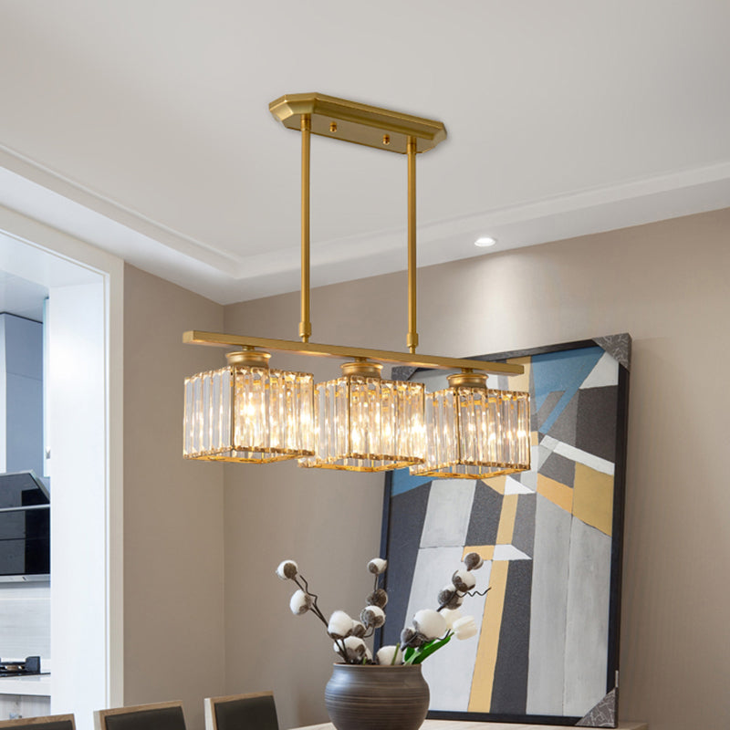3/4 Lights Square Hanging Ceiling Light Modernism Clear Crystal Dining Room Lighting in Black/Gold 3 Gold Clearhalo 'Ceiling Lights' 'Island Lights' Lighting' 260155